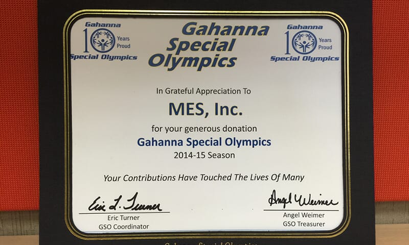 MES Special Olympics Donation Certificate - Community Outreach